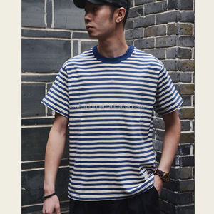 Camiseta tejida caqui informal de verano para hombre, cuello redondo Sea Soul, suelta acoplada, peso pesado, rayas, manga corta, venta al por mayor China - Product Image 4