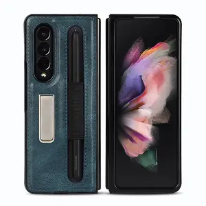 Luxury Texture Cover Shockproof Business Phone Case Mobile With Pen Pocket Metal Bracket Pu Protective For Samsung Z Fold 3 Case