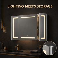 Armoire de salle de bain murale moderne avec miroir LED, corps en acier inoxydable et étagères en verre trempé pour hôtels et appartements