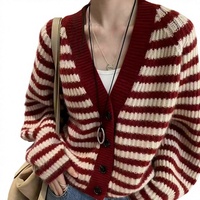 Nouvelle Collection Automne/Hiver 2026 - Cardigan Élégant en Mohair Doublé de Laine à Motifs Floraux pour Femme, Veste Tricotée Rayée à Col en V et Couleurs Contrastées