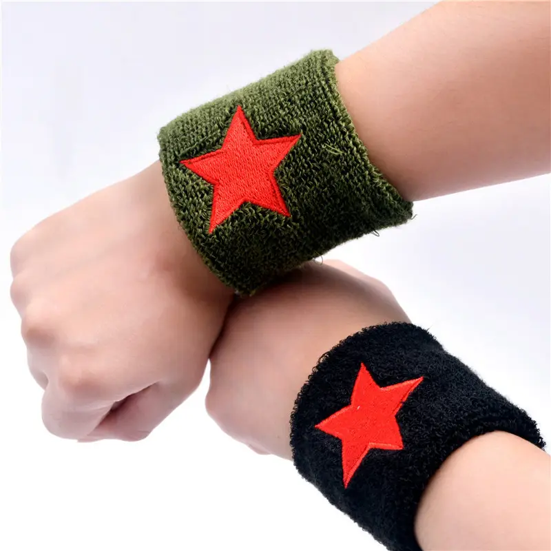 Manufacturer cheap custom sports sweatband cotton terry woven red star patch wrist sweatbands