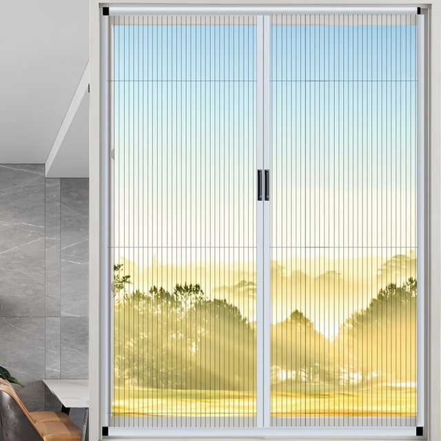 Modern Sliding Glass Door Pleated Screen Black Powder Coated Durable PVC Coated Mesh Pet-Proof Insect Resistant 20/20 Mesh