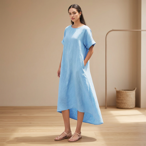 Vestido Vintage de Manga Corta con Lazo, Cintura Alta, Corte Holgado, para Todas las Temporadas, con Bolsillos, Estilo Minimalista, Tallas Grandes, Precio al por Mayor - Product Image 3