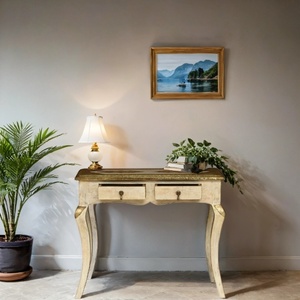 Mesa Consola de Madera Tallada a Mano con Cajones |   Escritorio Antiguo de Color Blanco |   Mesa de Entrada y Tocador Vintage - Product Image 1