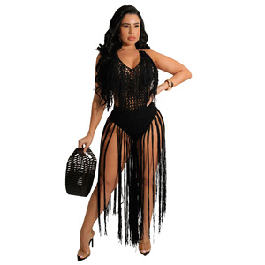 Vestiti donna 2024 moda lunga in <span class=keywords><strong>lana</strong></span> lavorato a maglia aderente nappa <span class=keywords><strong>abiti</strong></span> eleganti da donna Sexy frangia da spiaggia vedo attraverso abito a rete - Product Image 3