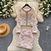 Ensemble veste courte à manches longues et mini-jupe pour femme, élégant, orné de perles et de sequins, à fleurs 3D, pour les occasions spéciales