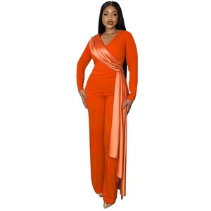 <span class=keywords><strong>Mono</strong></span> elegante de primavera para mujer, ajustado, con empalmes, cuello en V, manga larga, cintura alta, pierna ancha, ideal para fiestas y bodas. - Product Image 4