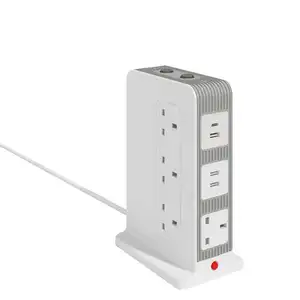 OSWELL UK Fused Plug Power Tower 10 Ways AC Outlets 4USB Ports Vertical Extension Socket With Surge Protective Devices Switch