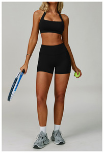Sujetador deportivo y mallas cortas de alta calidad para mujer, conjunto de gimnasio, logotipo al por mayor colocado en <span class=keywords><strong>la</strong></span> <span class=keywords><strong>cintura</strong></span> para deportes, correr, yoga - Product Image 4