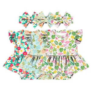 LT-469-YXW Factory Oem Baby Girls Knitted Ruffle Romper Cross Strap Ruffles Back,Flamingo and Floral Pattern Jumpsuit Bodysuit
