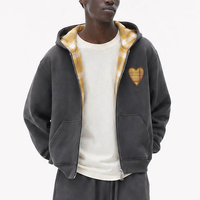 Sweat à capuche zippé uni pour homme, veste courte à capuche épaisse à carreaux, broderie cœur, streetwear pour homme