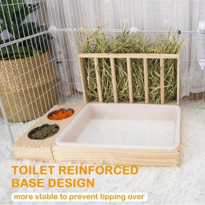 Mangeoire à foin pour lapins en bois moderne, durable et élégante 3 en 1 avec bac à litière pour chinchillas, hamsters, lapins et cochons d'Inde - Product Image 4