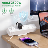 Stop Kontak Meja Kerja UK dengan Penjepit, 2 Port USB-C 20W, 3 Stop Kontak AC, Bahan Aluminium Alloy, Pengisian Cepat & Pintar, Stasiun Pengisian Daya untuk Meja Kantor