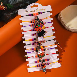 Ensemble de bracelets de dessin animé d'Halloween, tressés, réglables, unisexes, bijoux de fête, en alliage de zinc, motif citrouille et crâne - Product Image 3