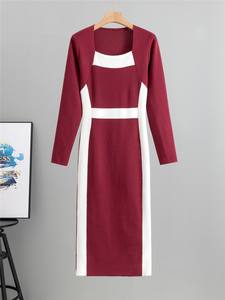 Femmes élégantes Noir Vs Blanc Hit Couleur Slim Bodycon Midi Party Sweater Dresses Retro Square Neckline Knitted Dress - Product Image 3