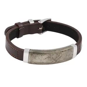 Chalcopyrite Brown Leather and Silver Color Bracelet with Belt Buckle Clasp Jewelry Men Bracelet