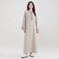Abaya de luxe en dentelle beige et violette à manches longues en coton égyptien doux pour femmes musulmanes, idéale pour le quotidien
