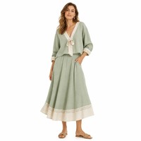Ensemble tunique col en V en lin mélangé 160 GSM avec manches à dentelle + jupe midi évasée pour femme English Garden OEM XS-5XL