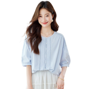 Chemise en coton bleu clair pour femme, manches courtes, nouvelle collection été 2026, coupe ample, manches lanternes, 100% coton - Product Image 5
