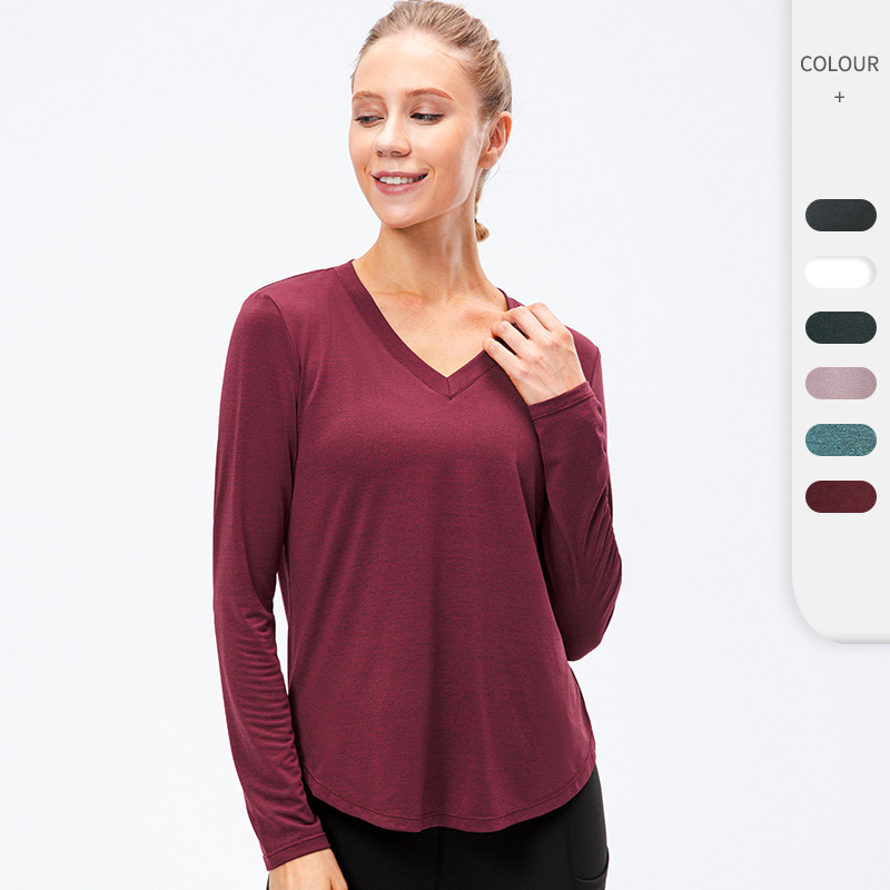 Yutuo OEM Custom Breathable Lightweight Long Sleeve Running Yoga Sport T-Shirt for Ladies Quick Dry V-Neck Logo Print Summer