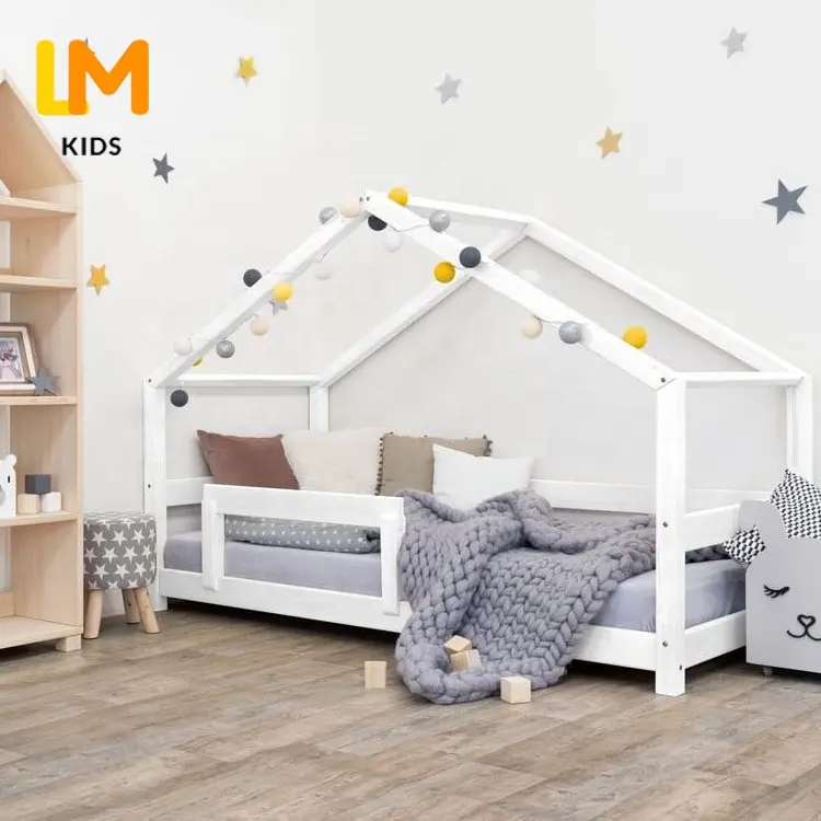 LM tempat tidur anak-anak cama montesori, tempat tidur kayu padat modern untuk anak perempuan