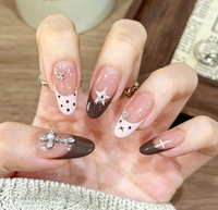 Faux ongles à presser 3D motif étoile croisée et pois, marron rose, forme amande, mignons, pour le quotidien, les rendez-vous et les fêtes