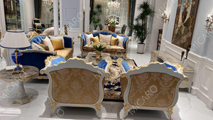 Ensemble <span class=keywords><strong>de</strong></span> canapé en tissu sculpté en bois fait à la main, style européen classique <span class=keywords><strong>de</strong></span> luxe - Product Image 2