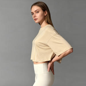 Camisetas de Manga Corta para Gimnasio, 100% Algodón, con Logotipo Personalizado, para Mujer, Camisetas de Verano para Entrenamiento, Top Corto Holgado con <span class=keywords><strong>Cuello</strong></span> Redondo - Product Image 3