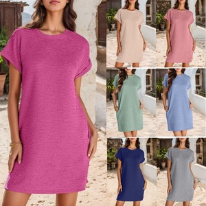 2025 verano estilo europeo vestido Casual moda tejido Color sólido con cuello redondo bolsillo manga corta ajuste suelto para otoño - Product Image 1