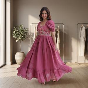 Women Mal Chanderi Beads Embroidery Work <b>Ankle</b>-Length Regular Fit Traditional Indian Wedding Party Dress Wrinkle-Free - Product Image 1