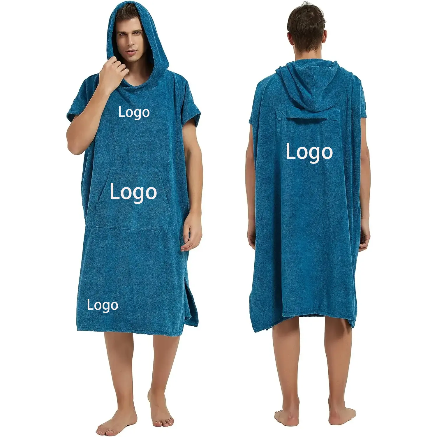 Adult Hooded Wearable Microfiber Terry Swimming Changing Robe Surf Beach Towel Poncho with Front Pocket