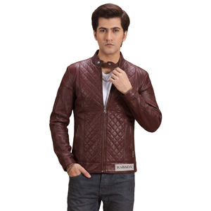 Veste en cuir PU matelassée bordeaux pour homme, style motard, col montant, fermeture éclair, coupe ajustée, vêtements d'automne, vestes en cuir pour homme - Product Image 4