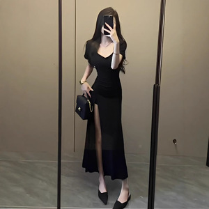 Elegant French Style Short Sleeve Black Dress Scoop Neck Sheath Slit Long Evening Dress - Product Image 2