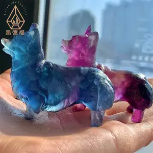 Kindfull Natural Crystal Stone Crystal Crafts Rainbow Fluorite Puppy Crystal Animals Carvings