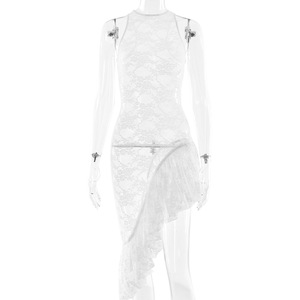 Vestido largo sin mangas con cuello redondo y encaje transparente para mujer, para fiesta, uso casual, con dobladillo irregular, origen Yiwu. - Product Image 5