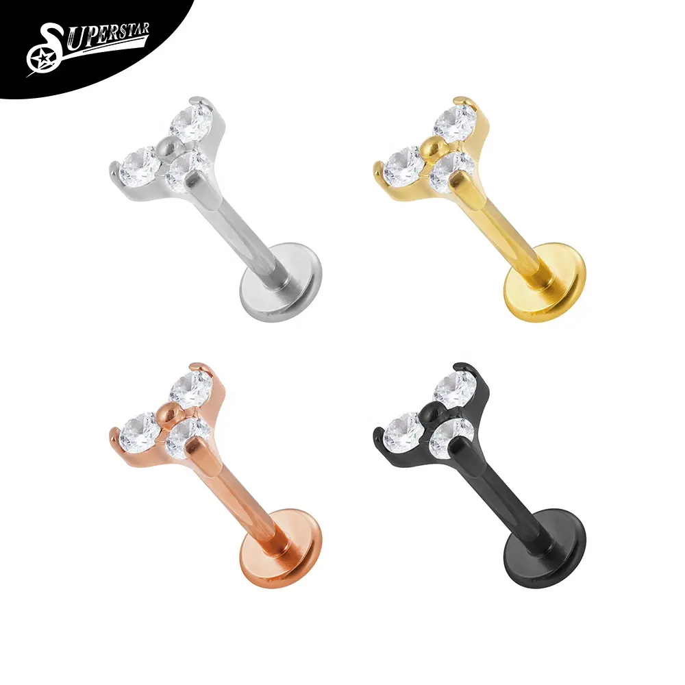 ผู้ผลิตซูเปอร์สตาร์ Labret G23 ไทเทเนียมเจาะร่างกายเครื่องประดับสตั๊ดลิปสามใส CZ ลาเบรต์ไร้สาย