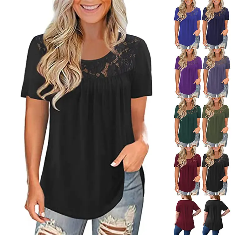 Women's Summer plus size Casual Tops short sleeve lace Hollow Out pleated Tunic black women t-shirt