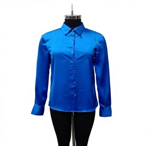 Camisa de Satén Azul para Mujer, Manga Larga, Cierre de Botones, Cuello Clásico, Corte Regular, Color Sólido, para Oficina - Product Image 1
