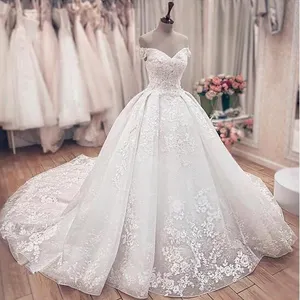 FA281 Gorgeous Lace Ball Gown Wedding Dresses Princess Off The Shoulder Lace Up Back Muslim Bride Wedding Gowns Marriage