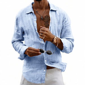 Cross-border Foreign Trade <b>Men's</b> Summer New Solid Color Thin Loose <b>Cardigan</b> Lapel Versatile Linen <b>Long</b>-sleeved Shirt Beaded - Product Image 2