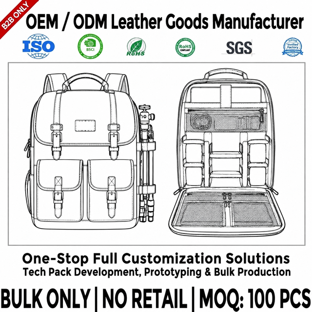 Custom OEM ODM Manufacturer Cowhide Leather Camera Bag Backpack Shoulder Strap Padded for Private Label Bulk Orders