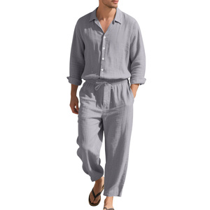 Completo Estivo da Uomo in Cotone e <span class=keywords><strong>Lino</strong></span>, Stile Safari, Traspirante, Tinta Unita, <span class=keywords><strong>Camicia</strong></span> a Maniche Lunghe e Pantaloni per la <span class=keywords><strong>Spiaggia</strong></span> - Product Image 2