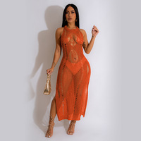 Robe de plage tricotée unie ajourée sans manches, cache-maillot de bain pour femme, tenue de plage S-2XL