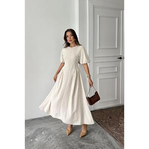 Elegant Beige Linen A-Line Dress With Back <b>Tie</b> And Puff Sleeves For Daily Wear - Product Image 5