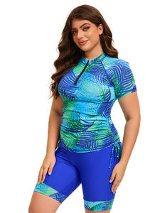 Traje de baño conservador de manga corta de talla grande Traje de baño Capri de una pieza con estampado floral europeo y americano con cordón - Product Image 5