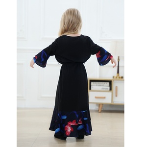 63740# Black Nida Floral Print Little Girl Dress Muslim Girls Abaya Clothing Kids Boutique Dresses - Product Image 4