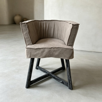 Fauteuil de salle à manger moderne en lin beige rembourré avec pieds en bois massif pour la maison, l'hôtel, la restauration