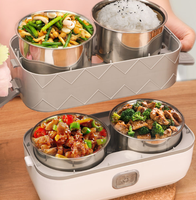 Kotak makan elektrik Dual Tier, kotak makan siang elektrik penghangat makanan Stainless Steel penghangat 2 kompartemen