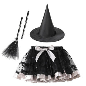 Costume d'Halloween pour enfants, jupe tutu en maille imprimée, chapeau de sorcière et balai, jupe bouffante, style européen et américain pour filles - Product Image 6