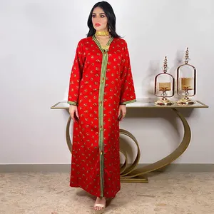 Eid Mubarak Gaun Abaya untuk Wanita, Muslim Pita Merah Leher V Lengan Penuh Bunga Ukuran Plus Turki Arab Dubai Pakaian Baru